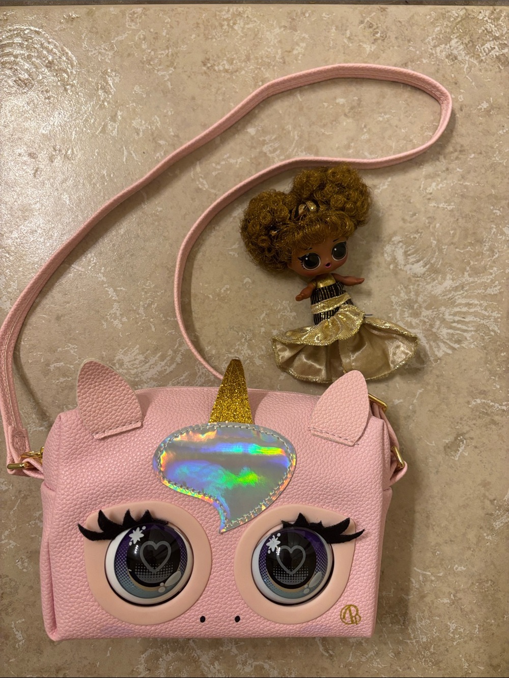 Pink Unicorn Moves! See video. Kids Crossbody Bag Holographic with Doll Included